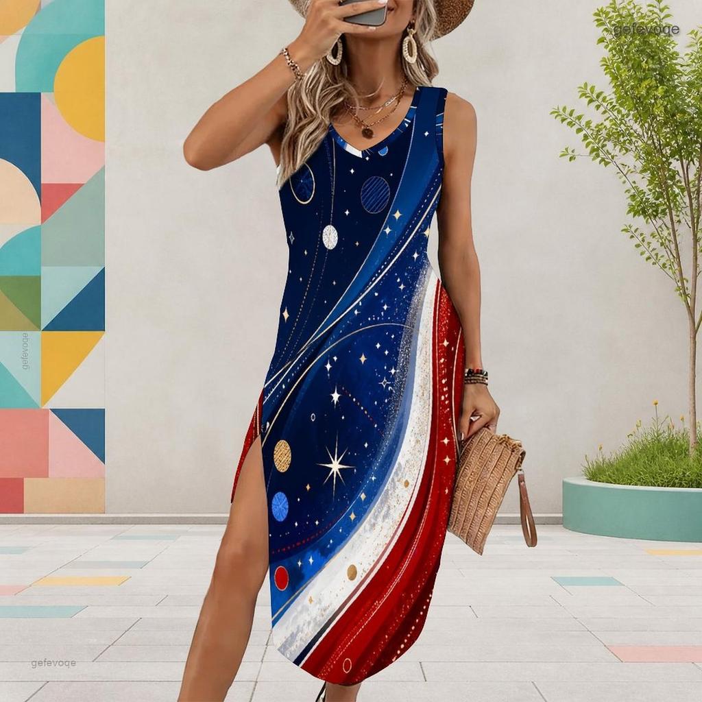 Women Plus Size U Neck Sleeveless Starry Printed Dress Red Blue White High Side Slit Curved Hem