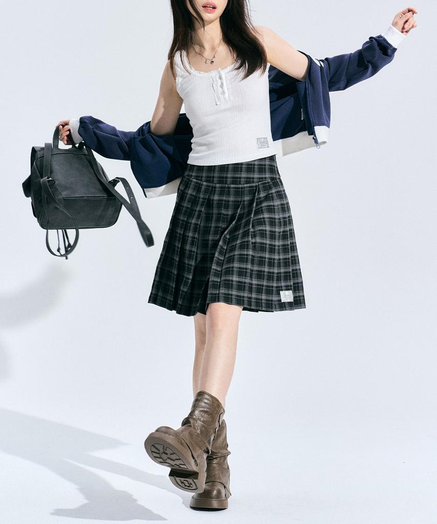 Zero Planet Erin Check Pleated Skirt [Charcoal]