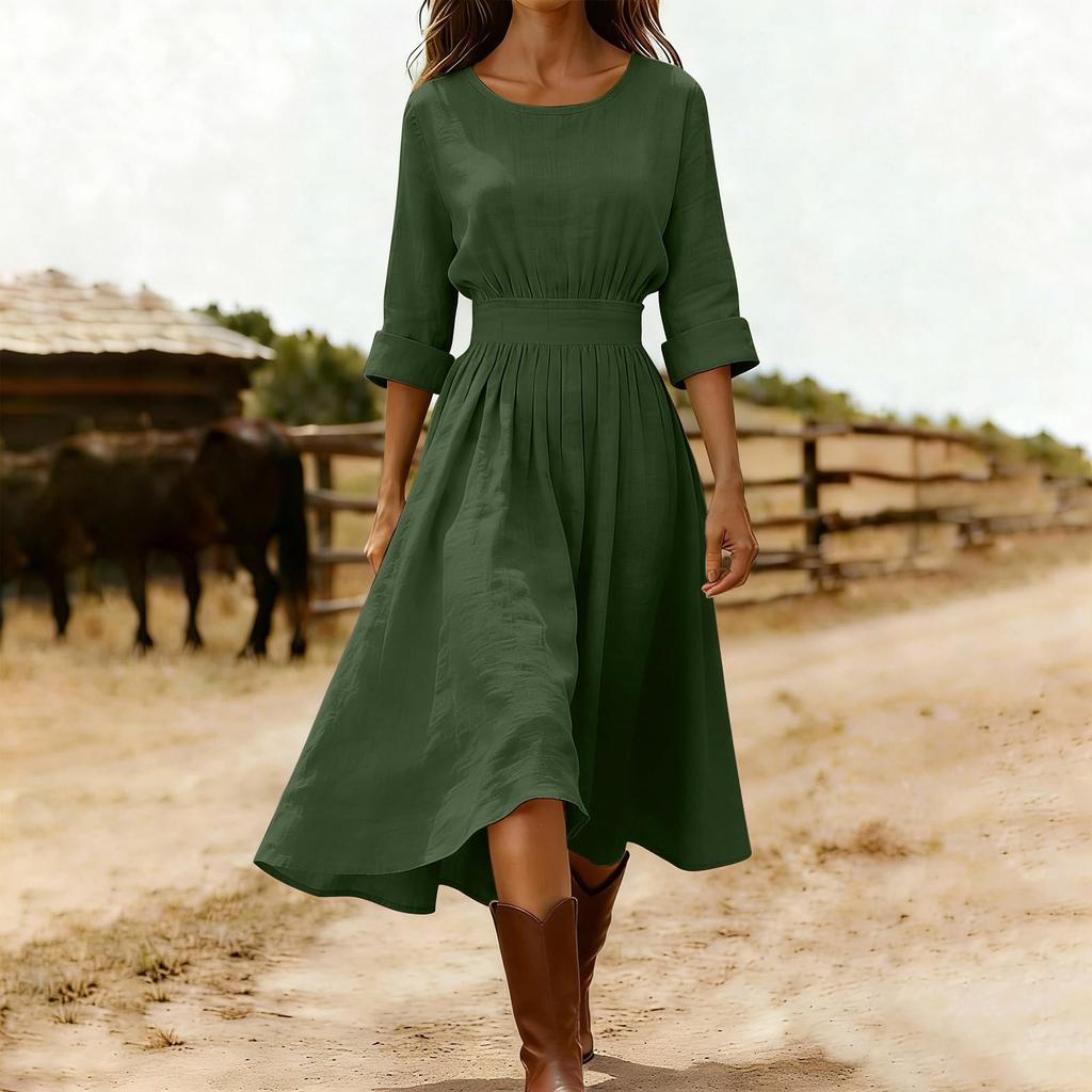 Damen Mode Rundhals Langarm Tailliert Lässig Baumwoll-Leinen-Mischung Kleid