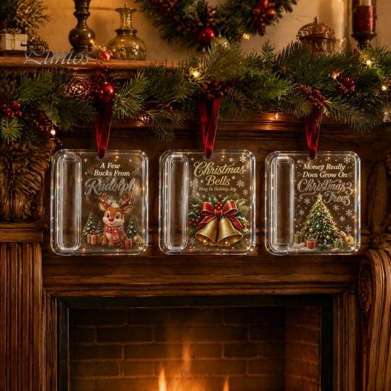 Reusable Acrylic Gift Holder 3 Pcs Christmas Cash Ornament, Money for Cash, Clear Xmas Tree Hanging Decoration, Holiday Gifts Stocking Stuffer, Decor