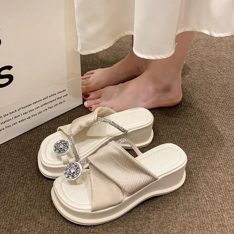 Women's Thick-soled Slippers Toe Clip Wedge Heel Rhinestones Flip Flops Daily Beautiful Fairy Wind Commute Zapatillas De Mujer