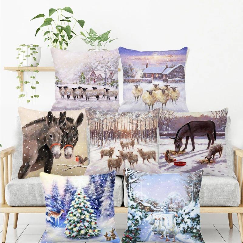 New Christmas Cushion Cover Print Robin Bird Pillow Navidad Gift Pillowcase Decoration