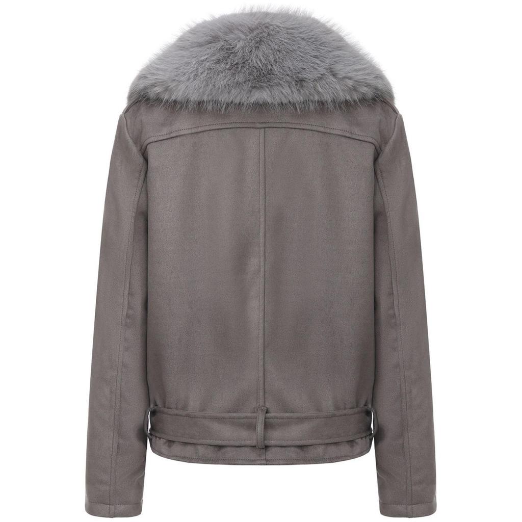 Women’s Faux Fur Coats 2 Way Wear Outfit Detachable Fur Collar Zipper Jacket Matte Faux Suede Crop Top Stylish Motobike Wear