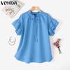 VONDA Women Summer Lace-up Neck Flounces Sleeve Casual Ruffled Long Blouse