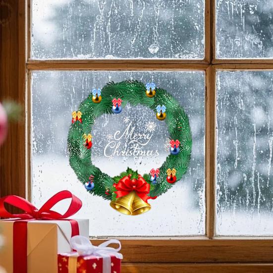 Yousheng Christmas Window Clings Large Christmas Wreath Decals with Bow Bells Balls Xmas Static Stickers for Glass Holiday Home Office Stores Decor