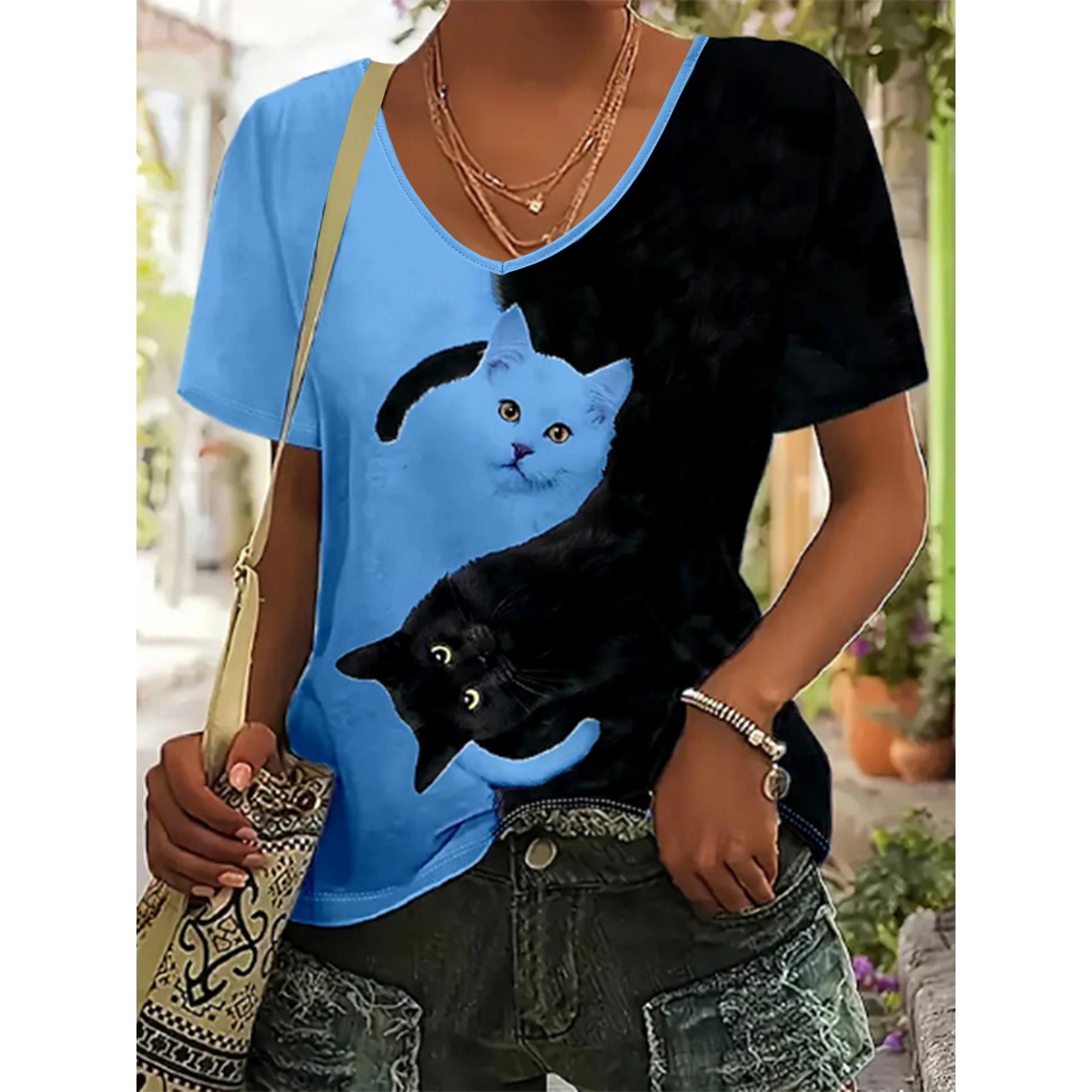 

Color-blocked printed V-neck casual style women s T-shirt streetwear trendy cat pattern top S