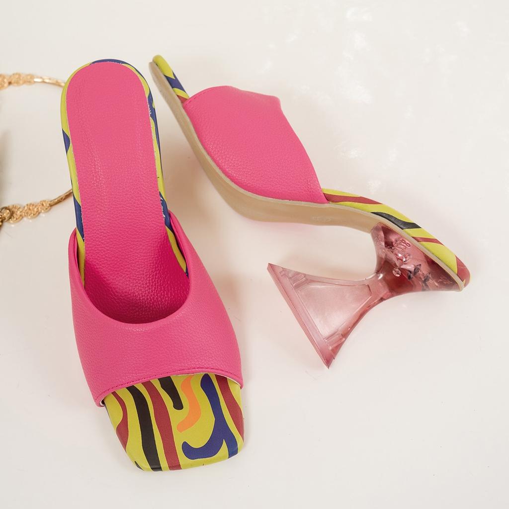 European and American Large Size Wear Large Size Shoes Thick Heel One-word Slippers Candy Color Elegant Temperament Medium Heel Cool Slippers