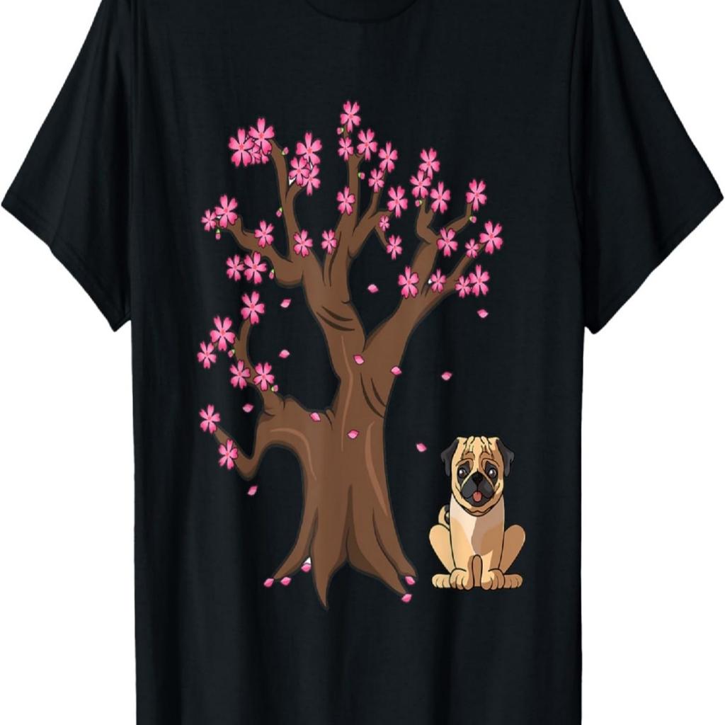 Cute Pug Dog Love-r Cherry Blossom T-Shirt for Men Women