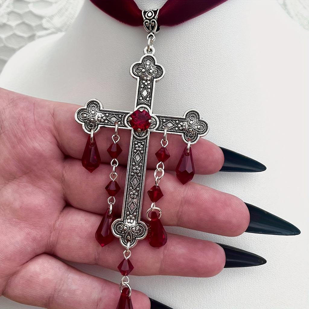 Gothic Vampire Silvery Large Cross Pendant Necklace Inlaid Artificial Crystal  Bohemian Style Synthetic Gems Decor Pendant Necklace Jewelry Gift
