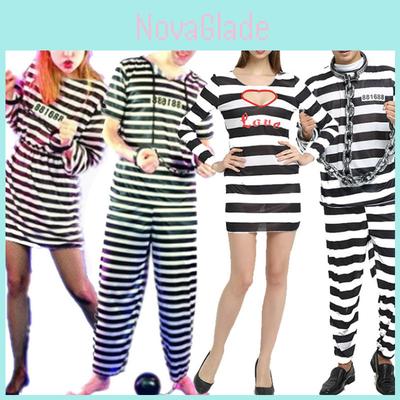 Men And Women Convict Prisoner Costume With Striped Design For Halloween And Cosplay Events