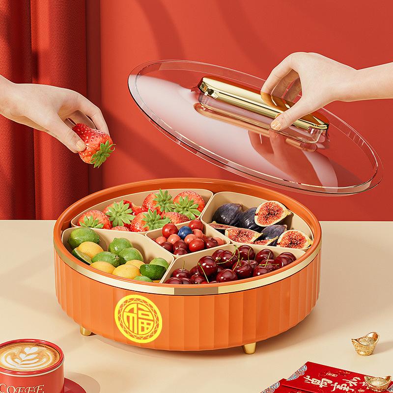 Neujahrs-Süßigkeitenteller Haushalt Wohnzimmer Couchtisch Aufbewahrungsbox für Trockenfrüchte Leichter Luxus High-End Drehbar Gitter Melonenkerne Obstteller mit Deckel