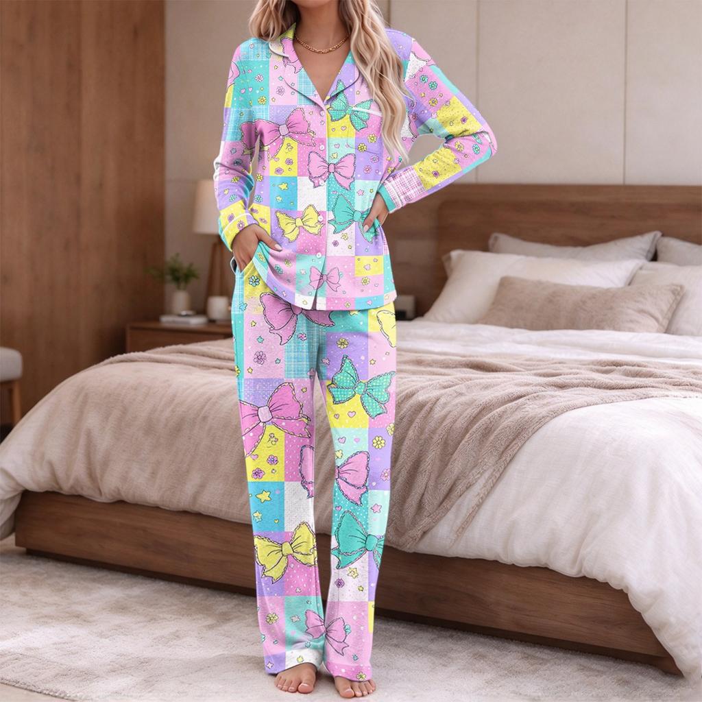 Pigiama da donna stampa alla moda manica lunga top con bottoni tasca pantaloni casa casual colletto a revers scollo a V set due pezzi