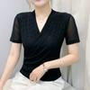 Streetwear Girl Summer Chic Beading Clothes Mesh T-Shirts Sexy V-neck Women's Tops New Casual Short Sleeve Tees