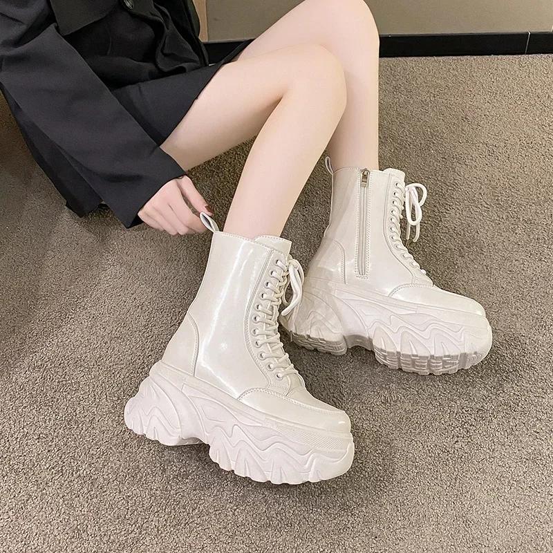 Fashion Winter Goth Platform Mid-Calf Boots 2024Autumn 8.5CM Leather High Heels Motorcycle Shoes Women Chunky Punk Sneakers Chelsea Boot