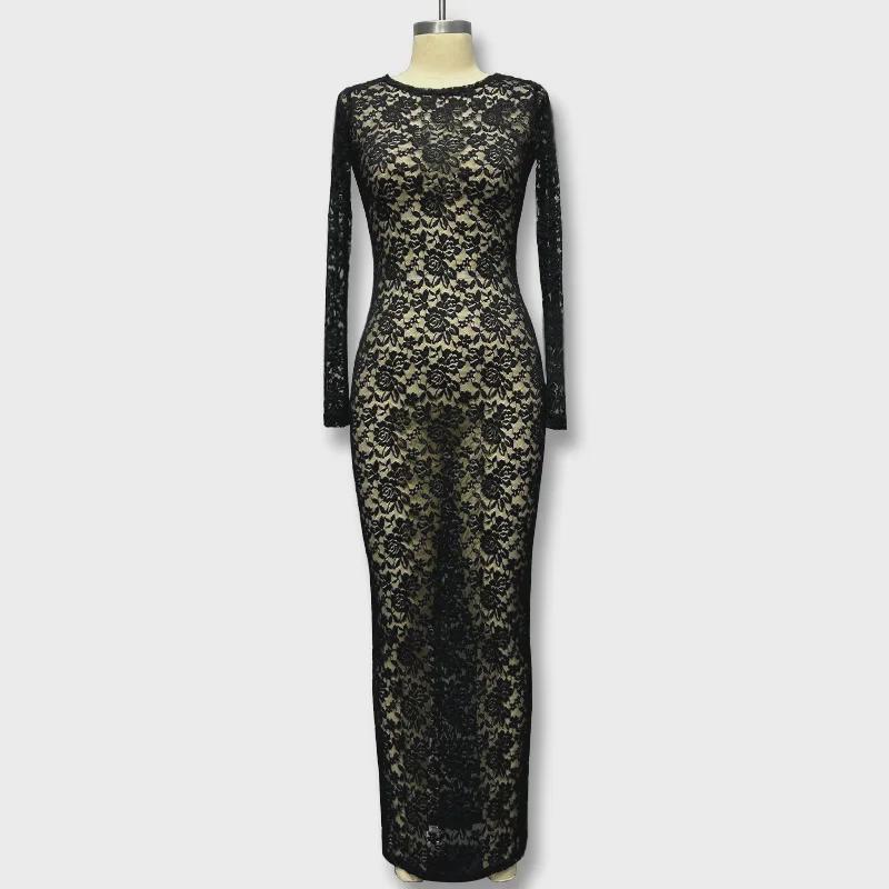 "2024 Autumn Sexy See-Through Lace Long-Sleeve Dress"