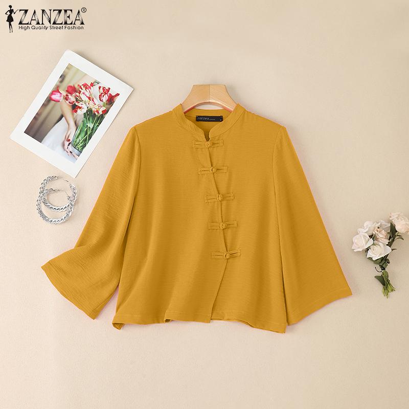 ZANZEA Women Casual Stand Collar Solid Color Loose 3/4 Sleeve Blouse