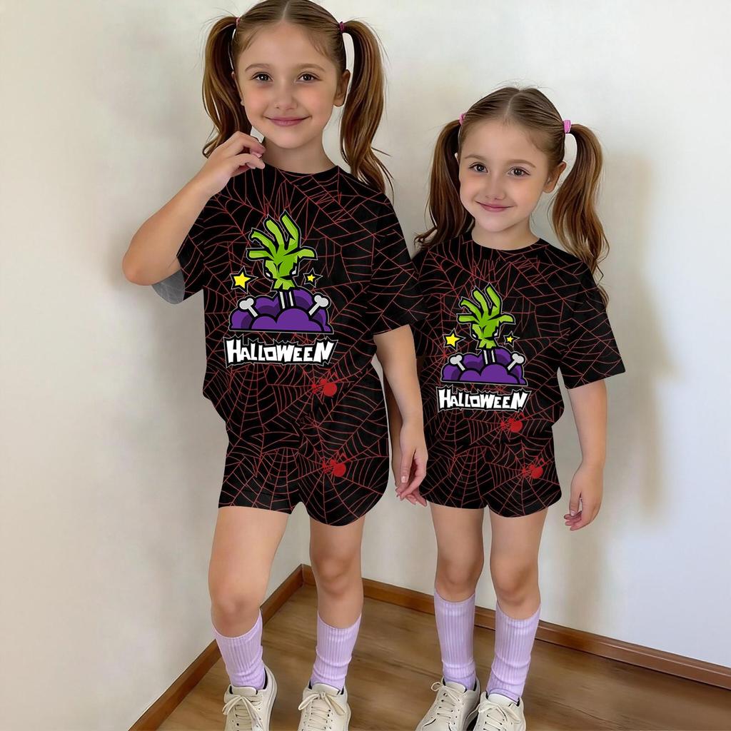 Kids Halloween Print Short Sleeve T-Shirt and Shorts Set Casual 2-Piece Outfit for Boys and Girls