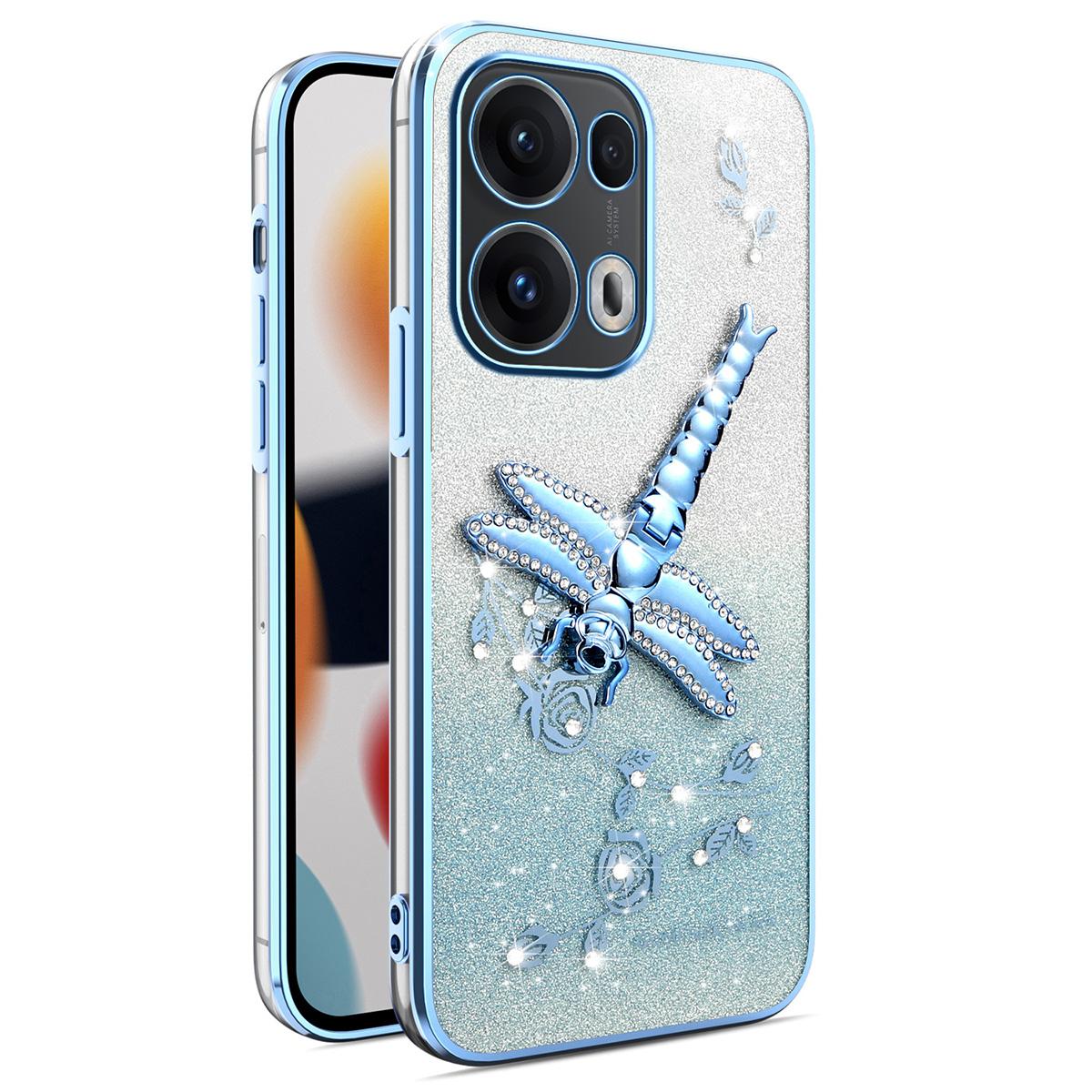 

KADEM For Oppo Reno13 Pro 5G Case Dragonfly Kickstand TPU Flowers Glitter Phone Cover Blue