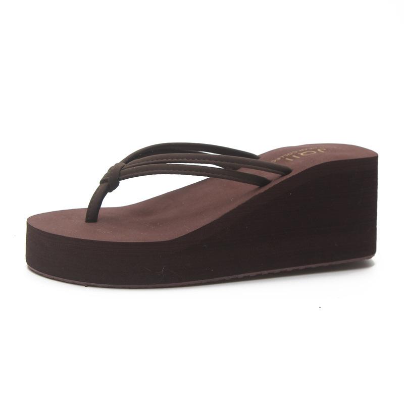 Fashion High Heels Clip On Sandals Summer Thick Soled Beach Anti Slip Slope Heel Flip Flops Womens Outdoor Wear Simple Beach Women Shoes