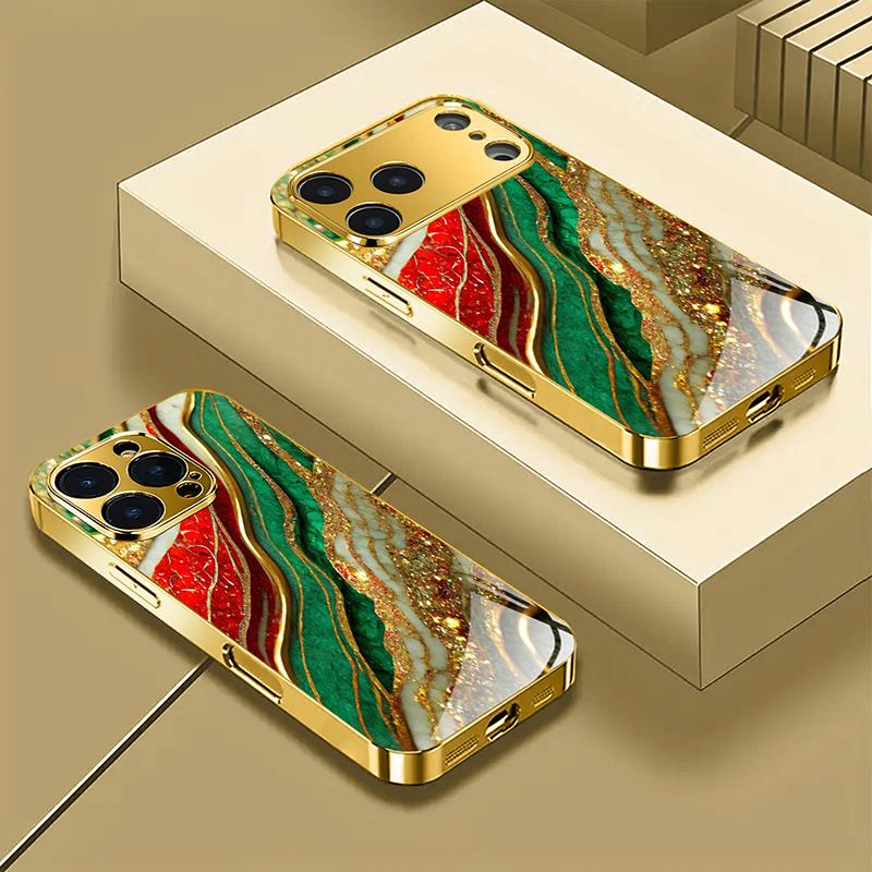 High End Gilded Pattern Gold Metallic Paint Glass Phone Case For iPhone 17 Pro Max 15 Plus 16 Pro 11 12 13 14 17 Air 16E Cover