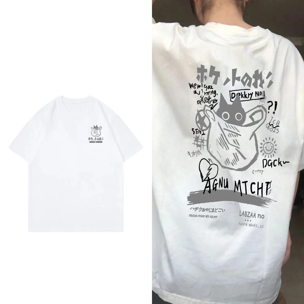 Unisex Women Cotton T-Shirt Japanese Kanji Funny Cat Printed T Shirt Harajuku Casual Short Sleeve Tshirt Streetwear Trend Tee Tops