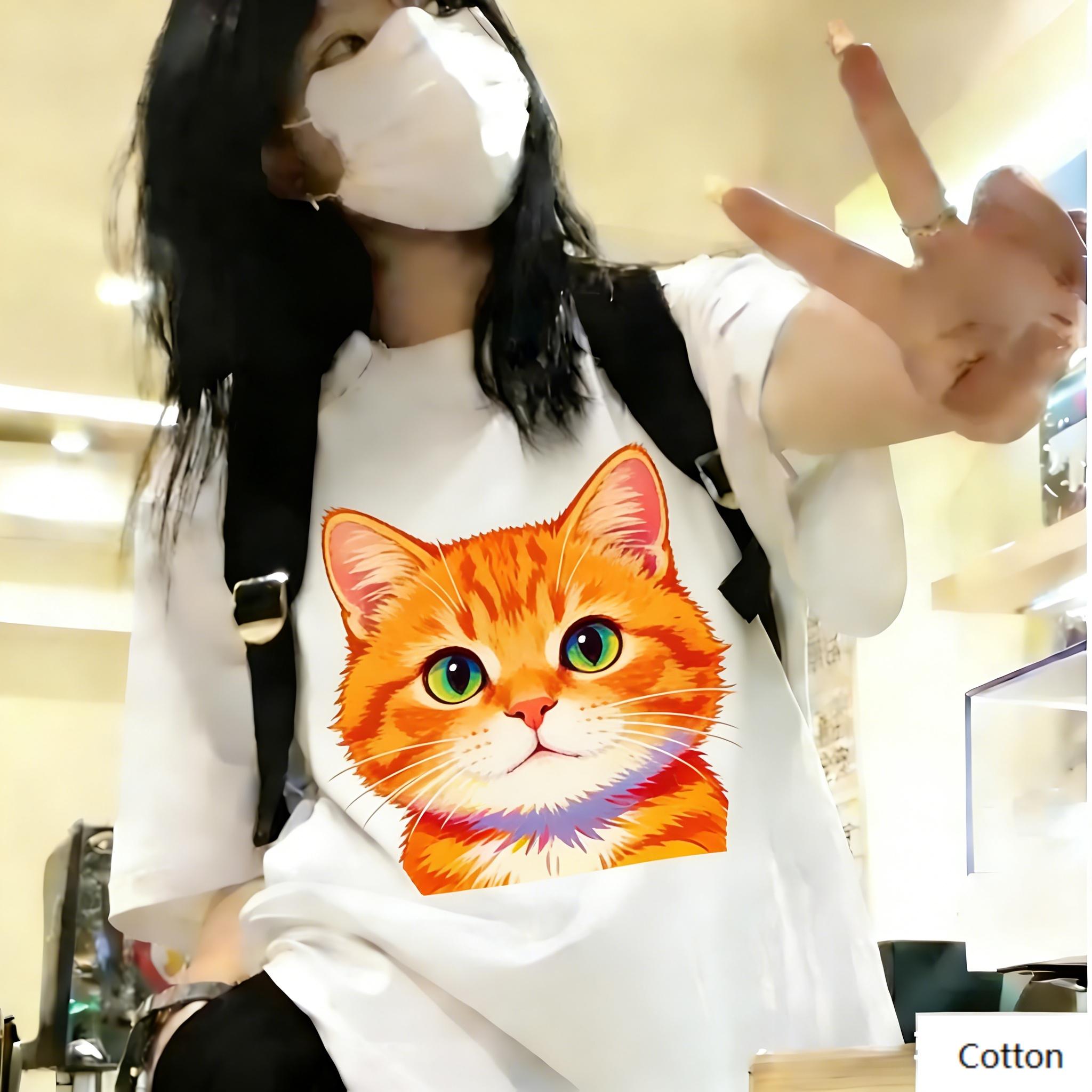 

Oversized White Cotton TShirt with Bold Pop Art Three Cats Graphic Loose Fit Unisex Streetwear Tee for Daily and Street Style M