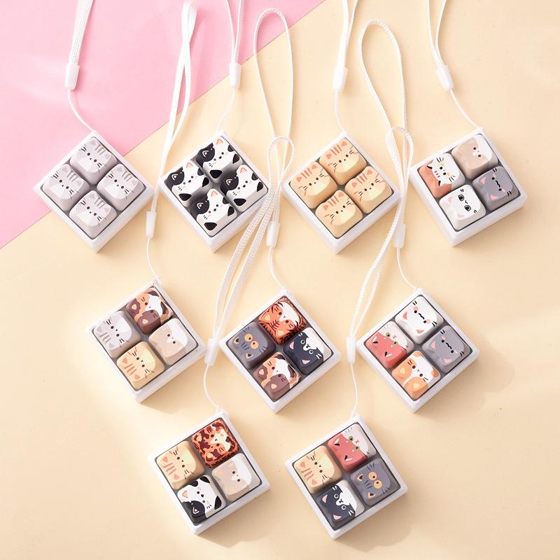 Cute Cat Keycap Fidget Toy 4 Keys Keyboard Pendant Stress Relief Clicker Button Toy Bag Charm Gift For Girls