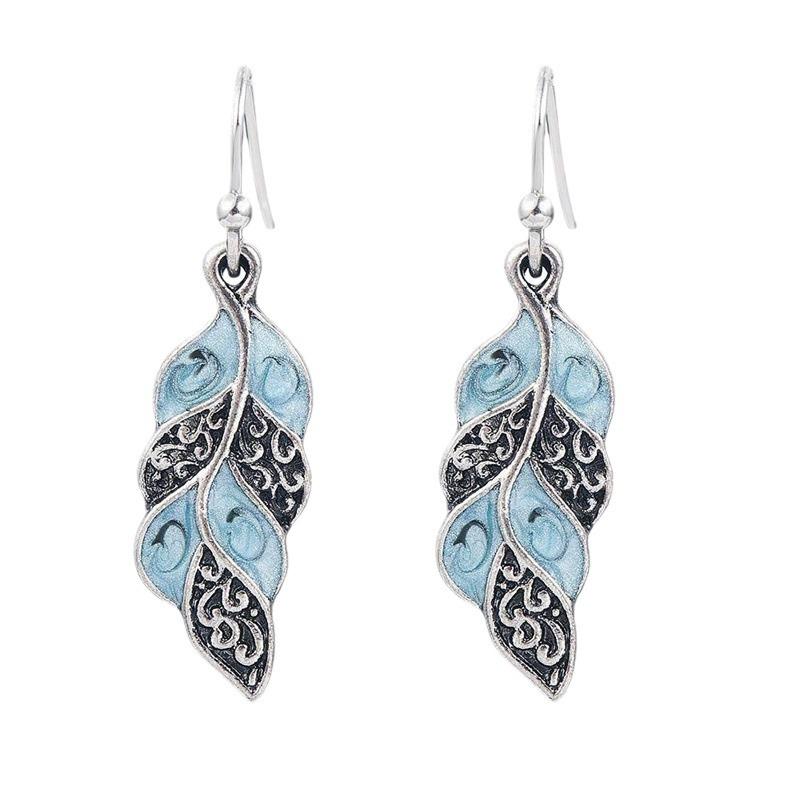 Bohemian Peacock Feather Pendant Earrings - Retro Light Blue Ancient Silver Jewelry