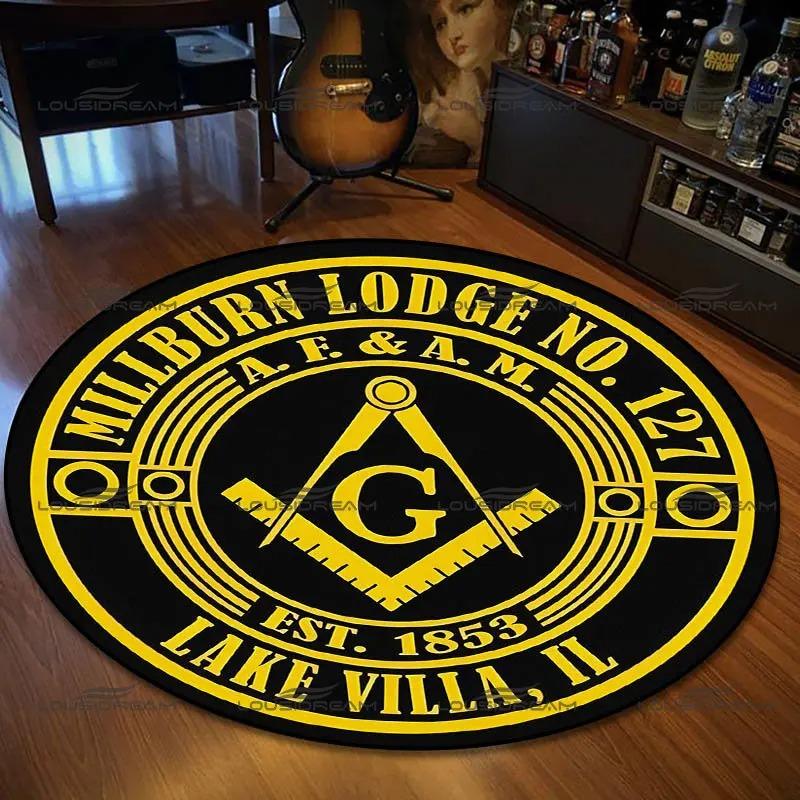 Retro Freimaurer Muster Bereichsteppiche Wohnzimmer Schlafzimmer Rund Flanell Teppich Innenraum Heimdekoration Fußmatte