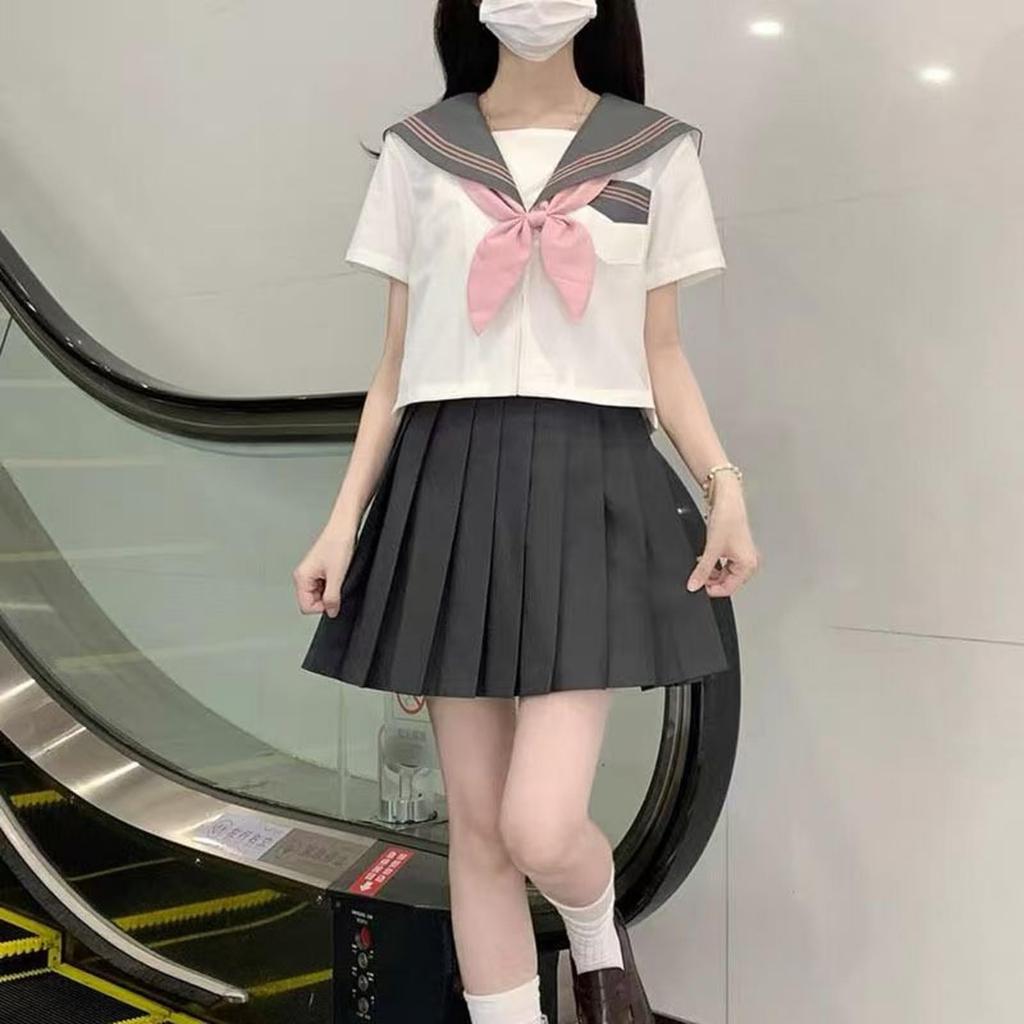TUAHOUS Sailor Uniform Cosplay Authentic Uniform with Three Grayish Kanto Open Pleated Cute School School British Junior High School Cultural Costume