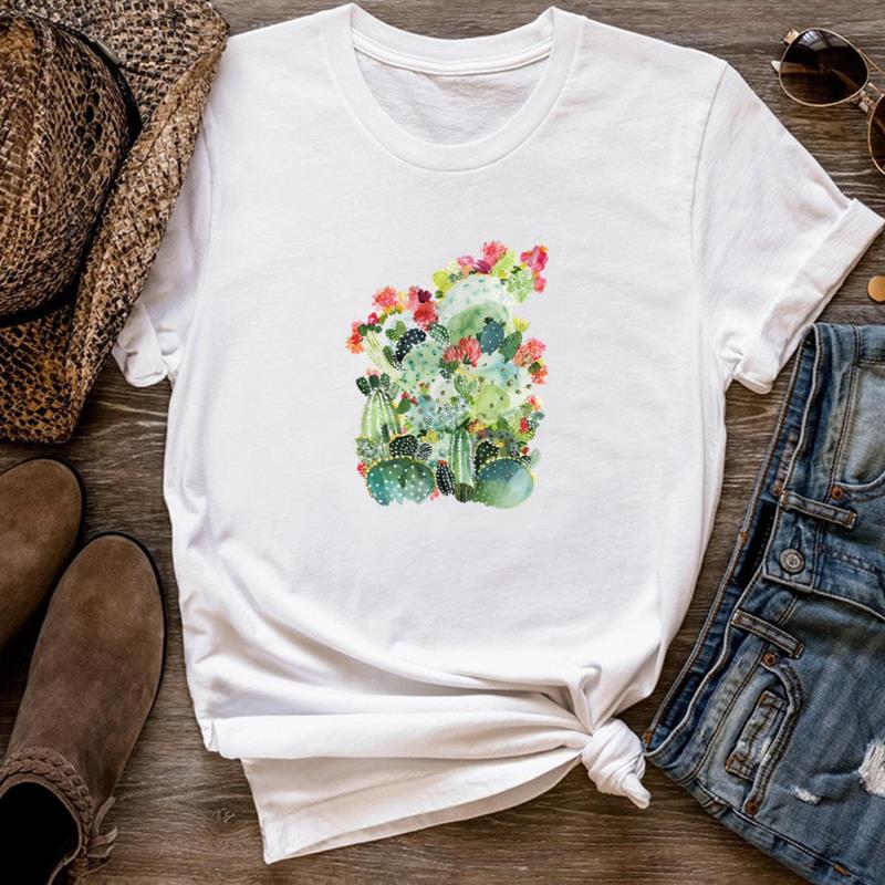 

(Азиатские размер) Футболка с принтом Женский Кактус Растение Тренд Сладкие 90-е Женщина Лето Женская Одежда Футболка с коротким рукавом Топ Мода Графические футболки
