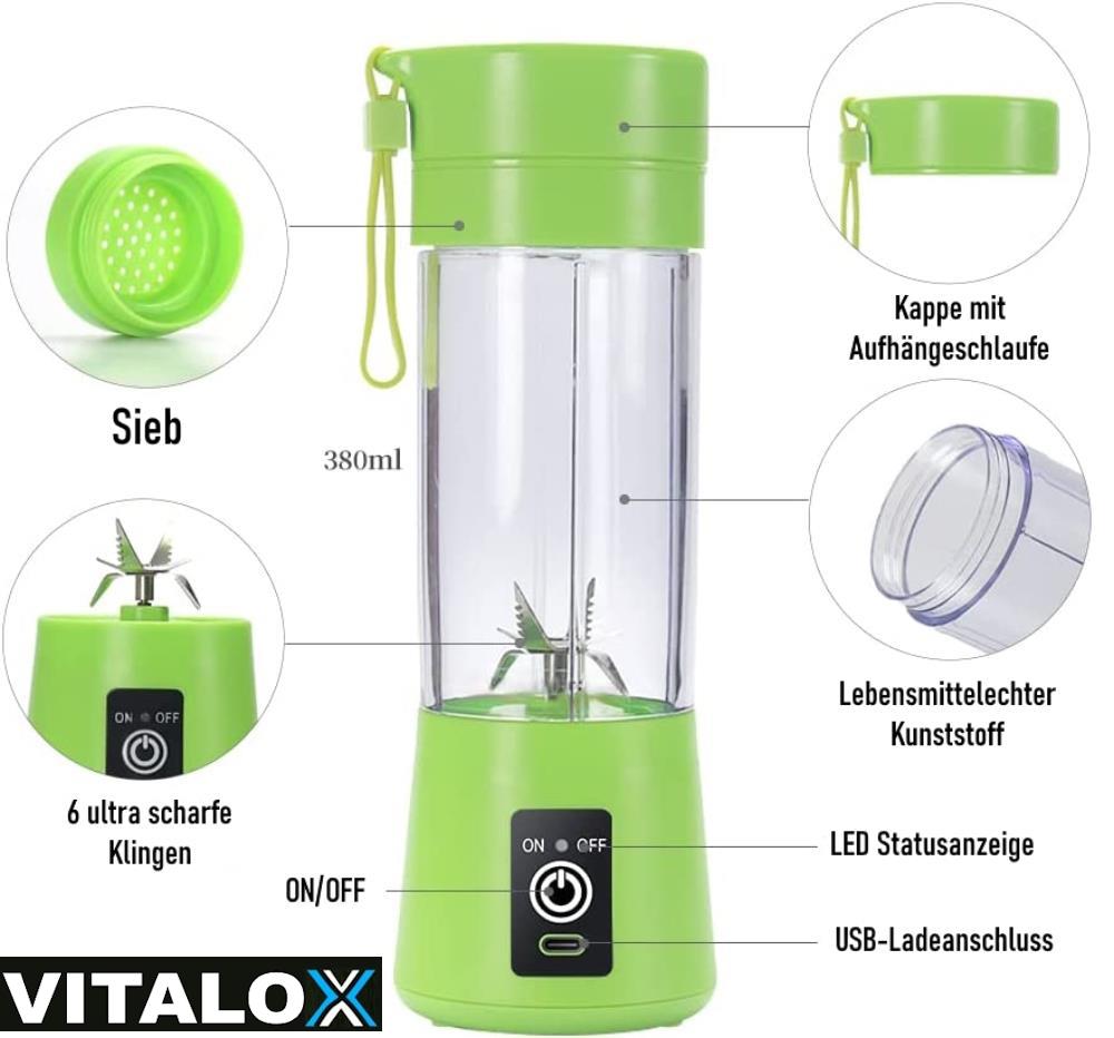 VITALOX Elektrischer Smoothie Maker Standmixer Mini Mixer Blender Shaker m. Akku