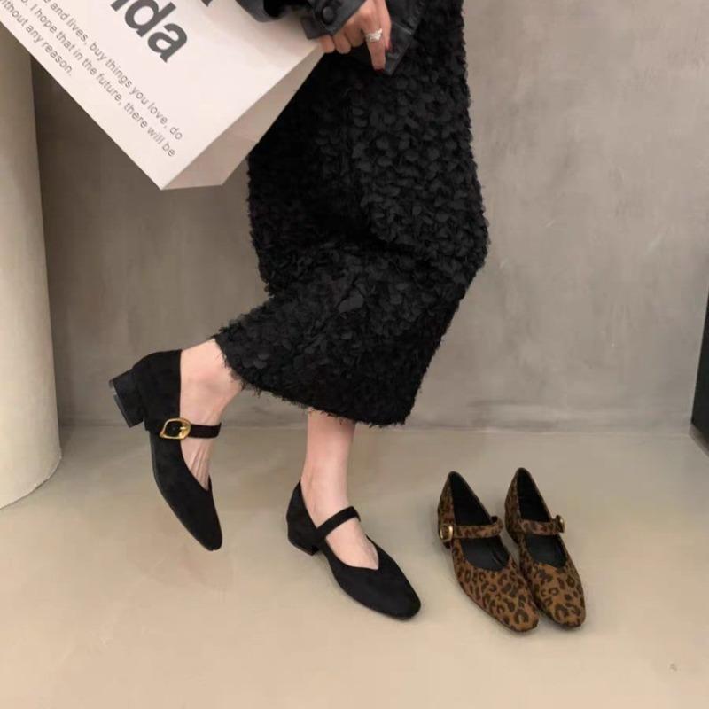 Damen Klobige Einzelne Schuhe Herbst Neue Mode Eckiger Zeh Flacher Ausschnitt Wildleder Leopard Weiche Sohle Rutschfest Niedrige Schuhe