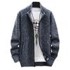 Męski płaszcz zimowy dzianinowy kołnierz ze stójką z długim rękawem gruby ciepły zamek błyskawiczny kieszenie elastyczny Pure Color Casual Men Jacket sweter płaszcz