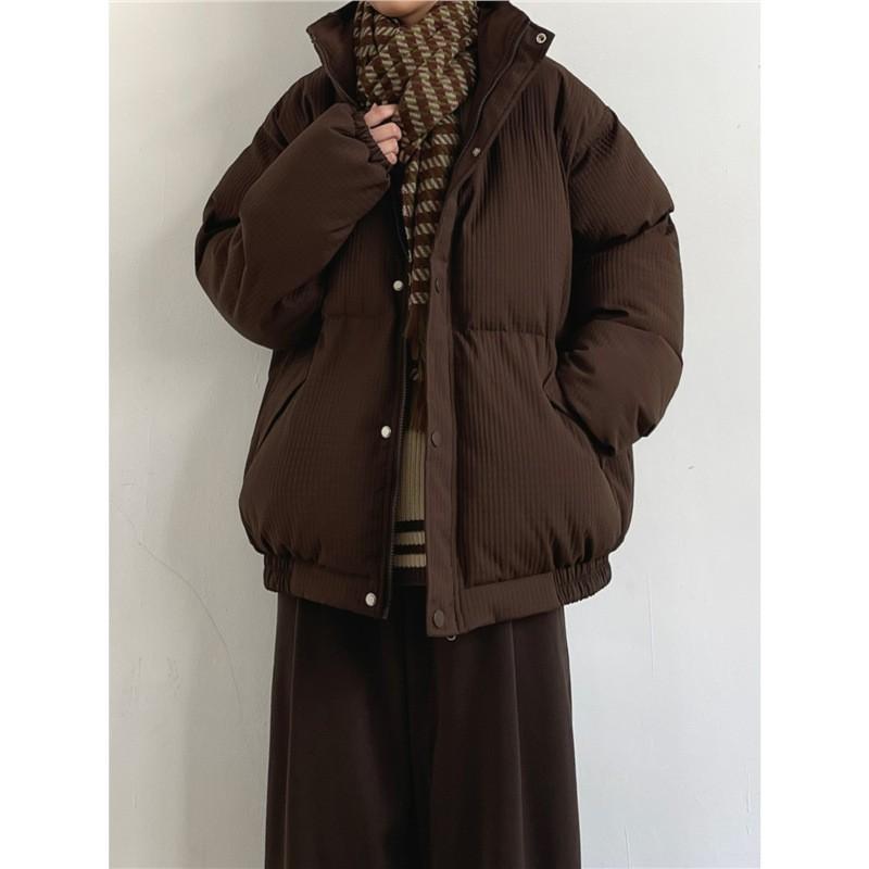 JOYZONE Mens Winter Cotton Jacket - Japanese Vintage Style Thick Warm Loose Fit Stand Collar Solid Color Casual Everyday Wear