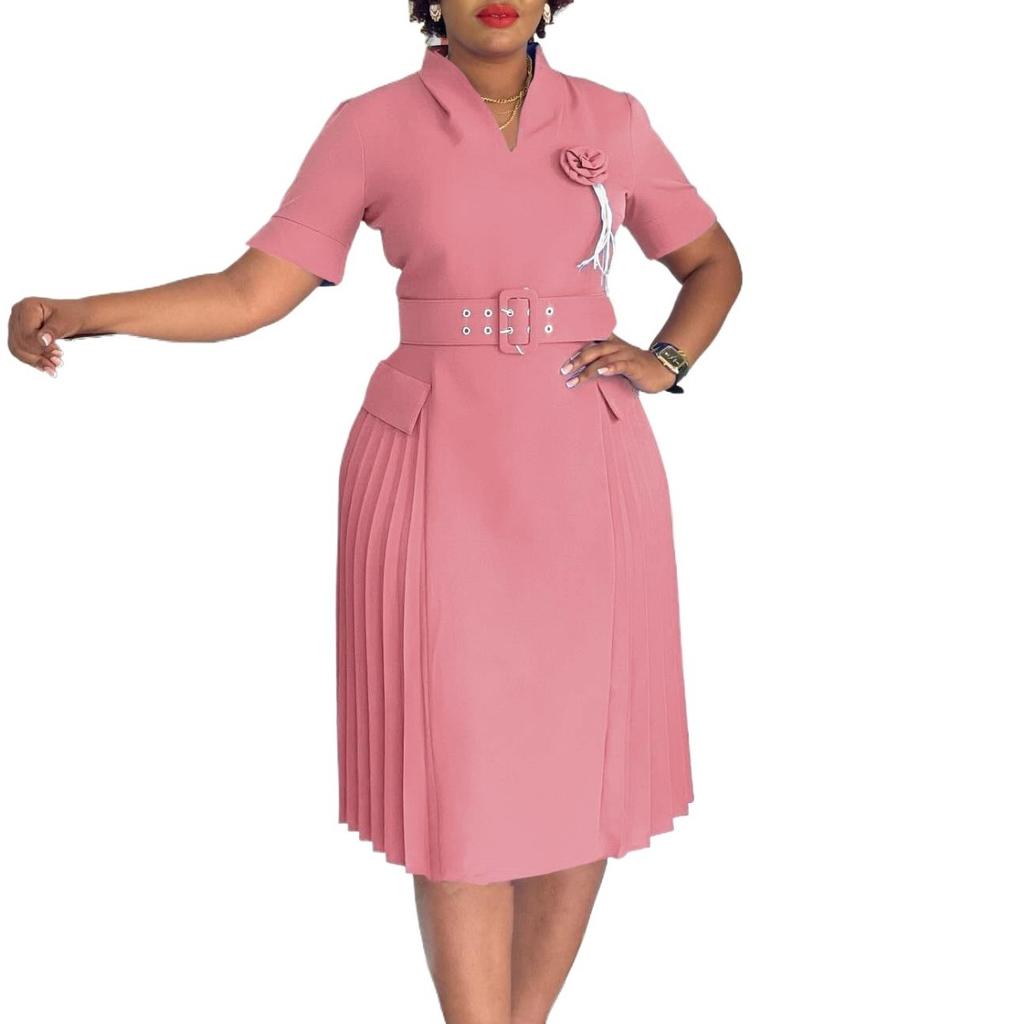 Fashionable and Elegant V-neck Solid Color Large-sized Pleated High-waisted Dress for Women