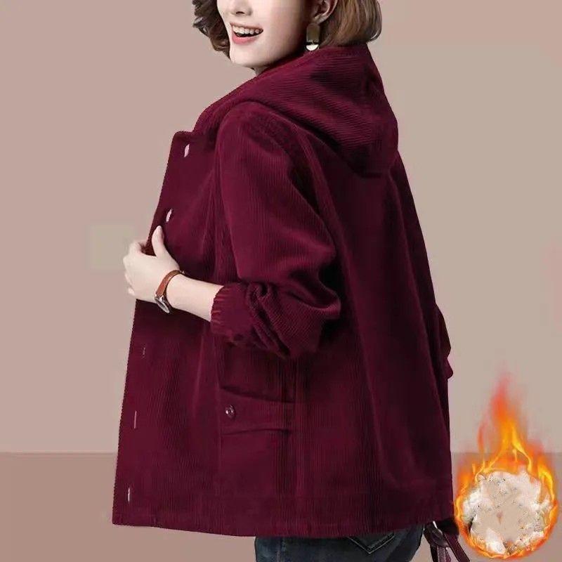 

Women s Fleece-Lined Thickened Plus Size Corduroy Loose-Fit Jacket Solid-Color Hooded Warm-Weather Coat XS вино красного