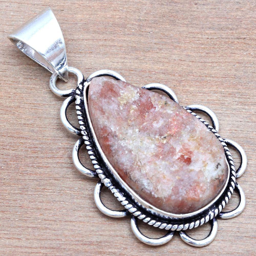 Pendant Sunstone Drusy Gemstone Gift For Her Silver Jewelry 1.75"