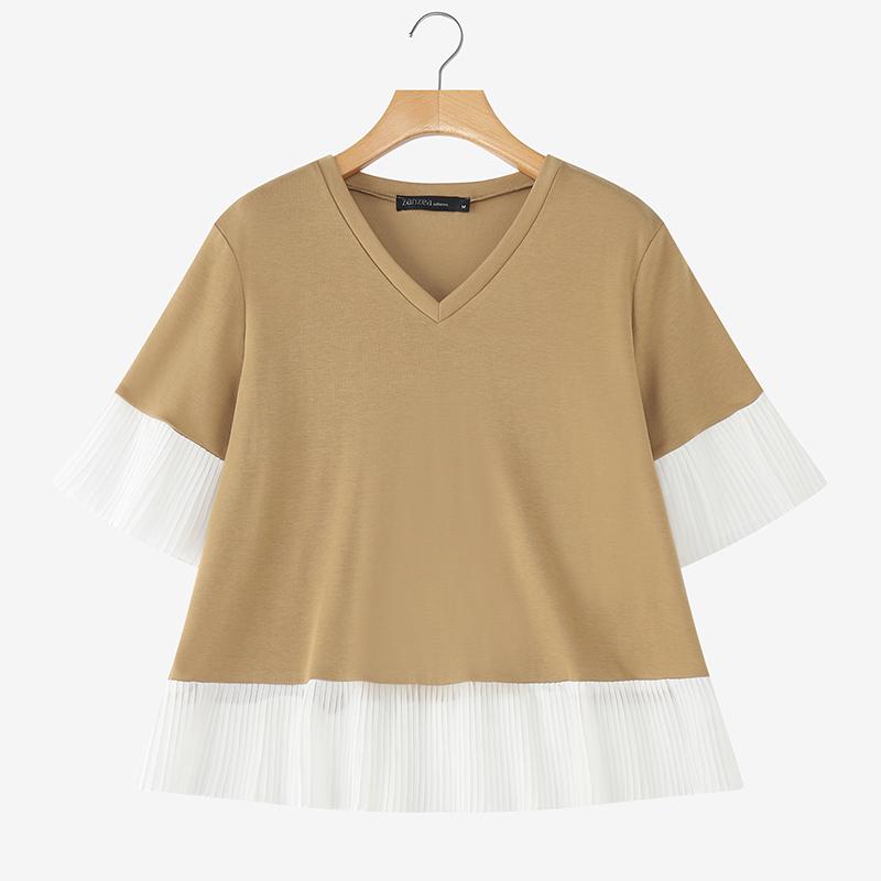 

ZANZEA Женская летняя блузка с V-образным вырезом, повседневная, пэчворк, с коротким рукавом 2XL хаки