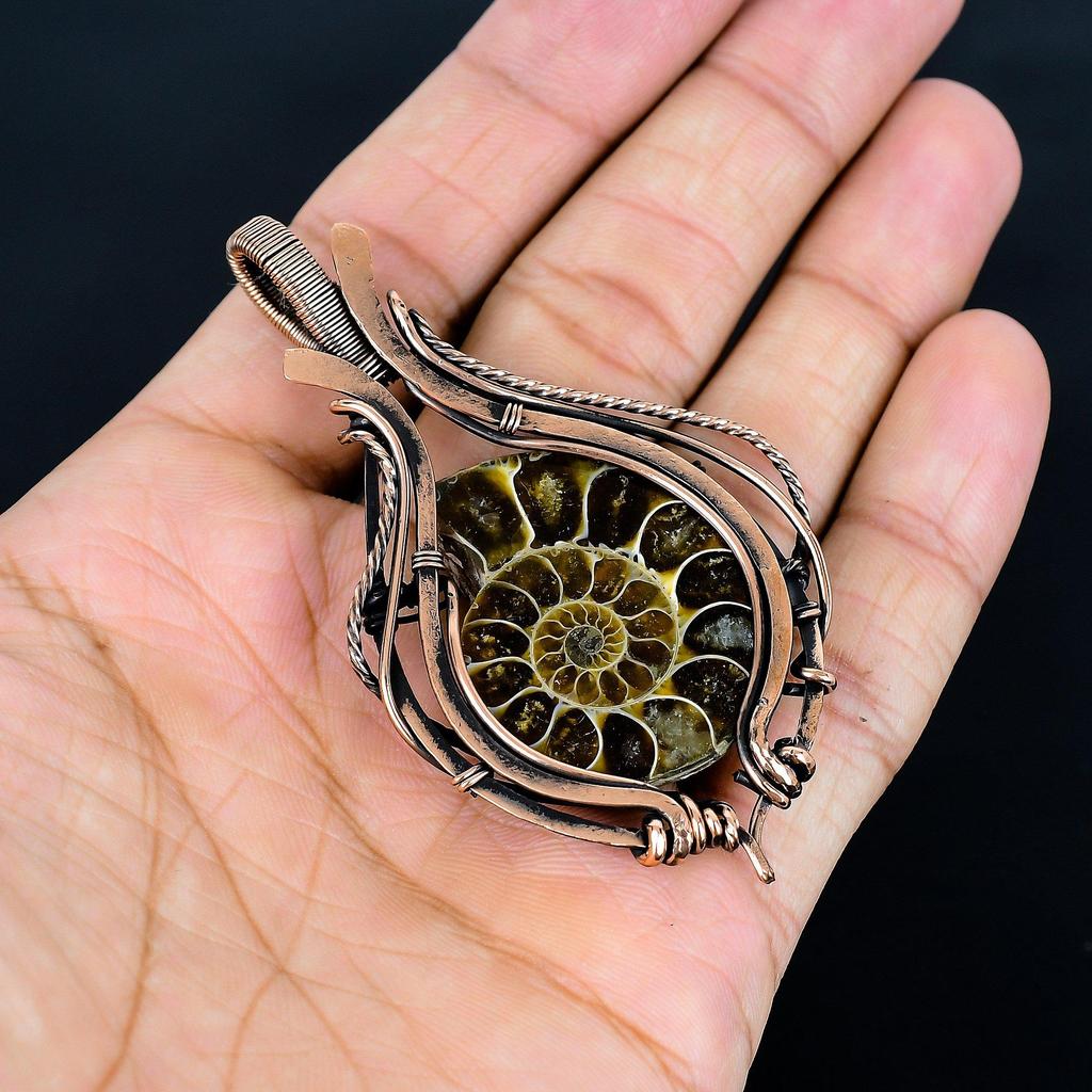 Ammonite Fossil 999 Copper Wire Wrapped Pendant, Handmade Gemstone Jewelry Pendant For Memorial Day