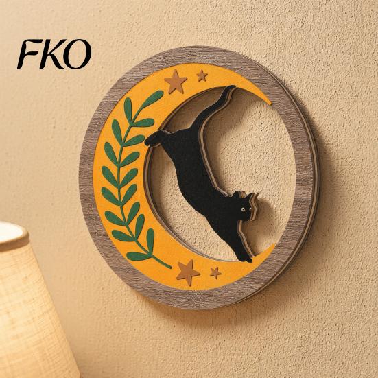 Wooden Cat Wall Art 4Pcs 3D Boho Decoration, Round Hangings, Animal Star Sun Moon Retro Orange Decoration Botanical Decor, Layered Wood