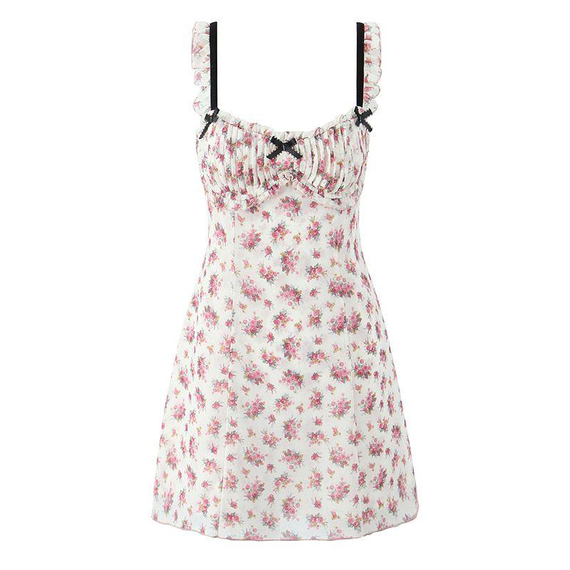 

Magic Yarn Tender Flower French style Sweet Bow Romantic Crushed Flower Sexy Backless Wooden Ear Sling Dress Pink floral S