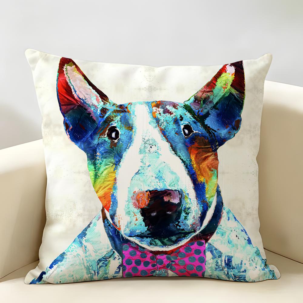 Housse de Coussin Série Bull Terrier Dessin Animé Lin Naturel Tissu Biologique Impression Double Face Décoration de Chambre Canapé Housse de Coussin