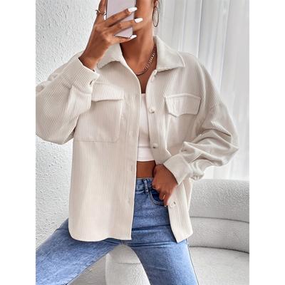 Dames Casual Beige Corduroy Jas met Zakken - Lange Mouwen, Knoopsluiting Voorzijde, Losse Pasvorm, Geribbelde Textuur, Perfect voor Herfst/Winter,