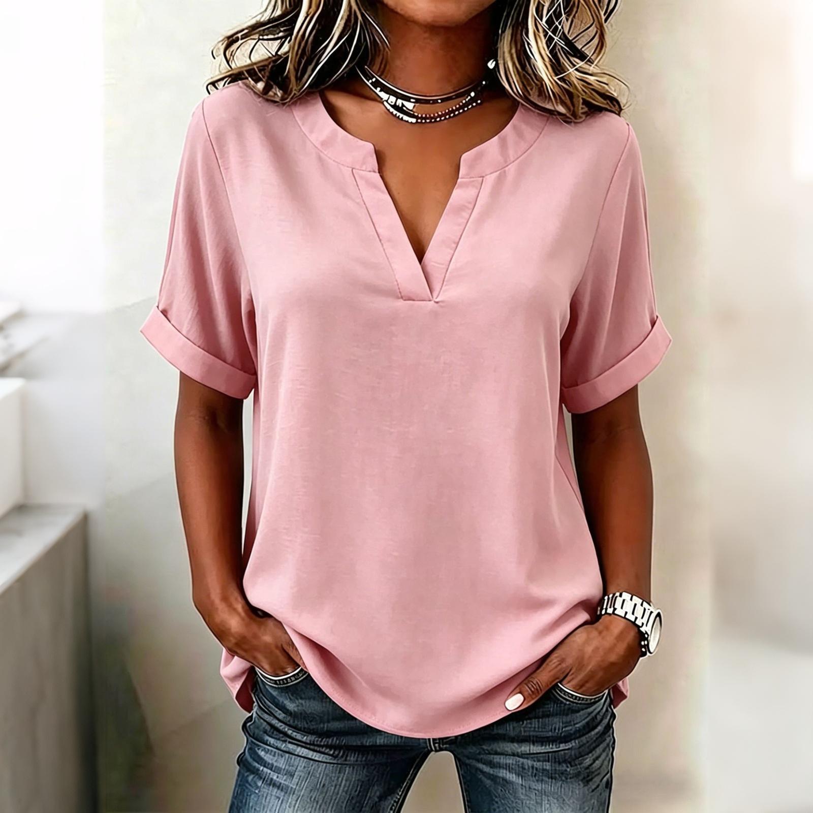 

Women s V Neck Short Sleeve T Shirt Casual Loose Fit Five Point Sleeve Blouse Lightweight Soft Fabric Top for Everyday Wear XXL розовый