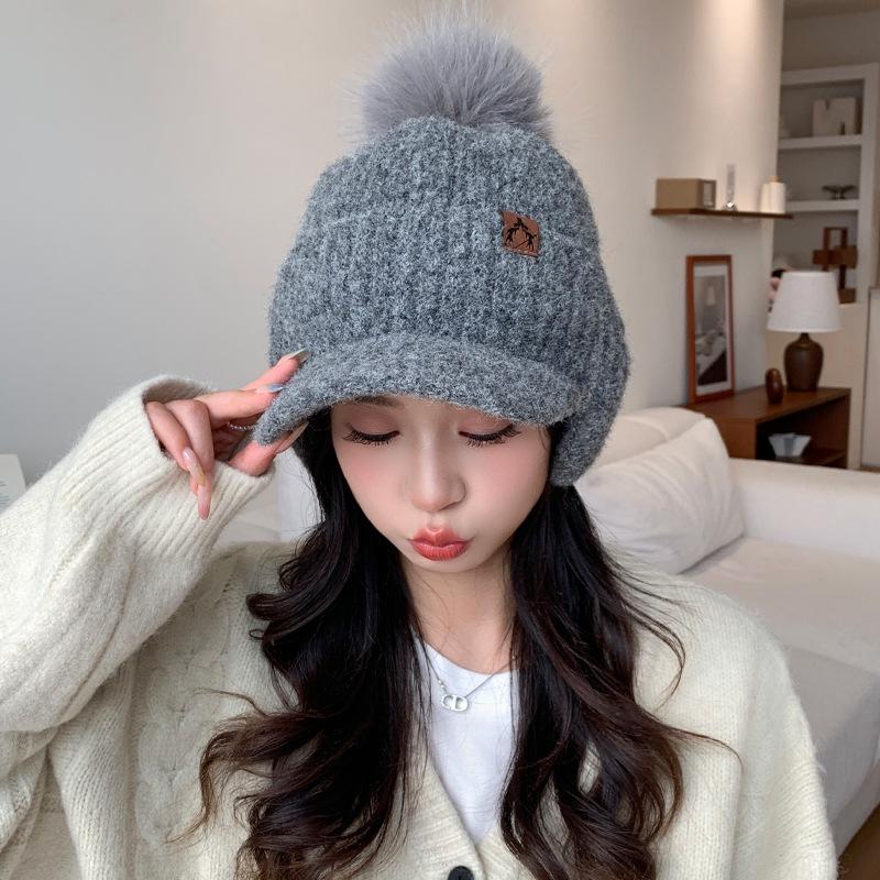 Versatile Leather Label Plus Velvet Thickened Wool Hat Outdoor Cold Protection Hat Korean Casual Face Showing Hat for Women