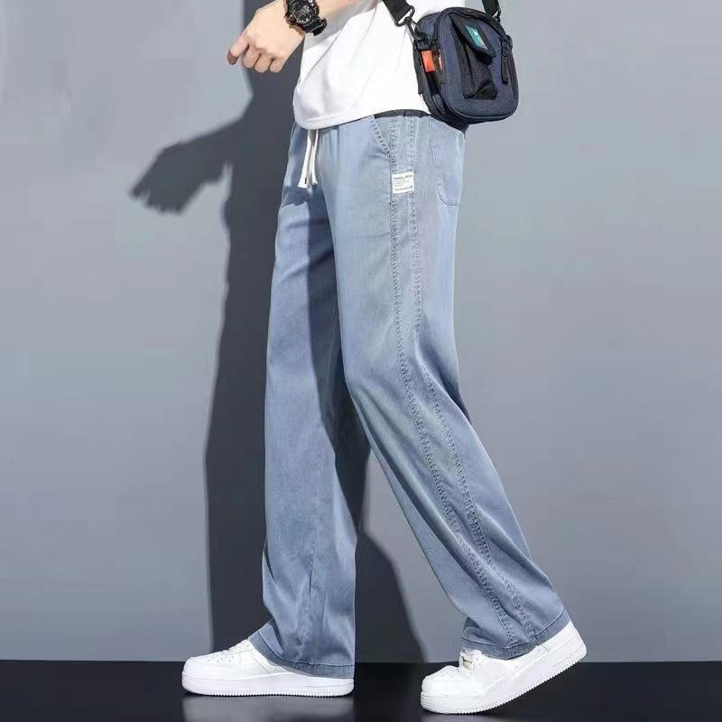 2024 Spring Summer Soft Lyocell Fabric Men's Jeans Thin Loose Straight Leg PantsDrawstring Elastic Waist Korean Casual Pants