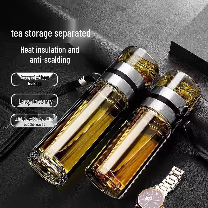 Men's Portable Double-Layer High Borosilicate Glass Cup with Custom Logo and Rope Handle