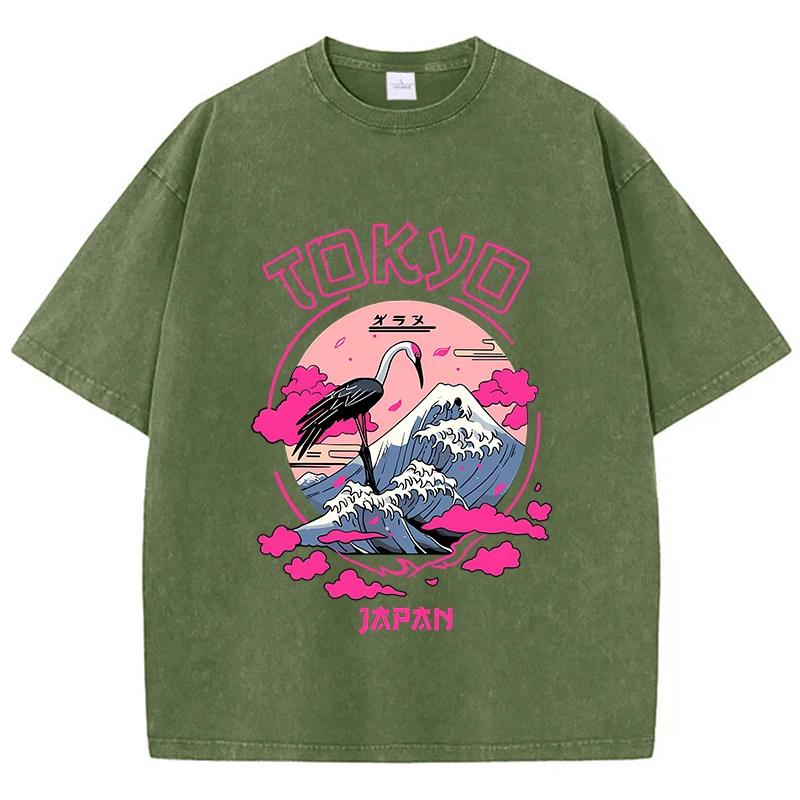 Vintage Womens Acid Wash T-Shirts Tokyo Harajuku Printing Tees Crewneck Cotton Oversized Short Sleeve Fashion  Clothes