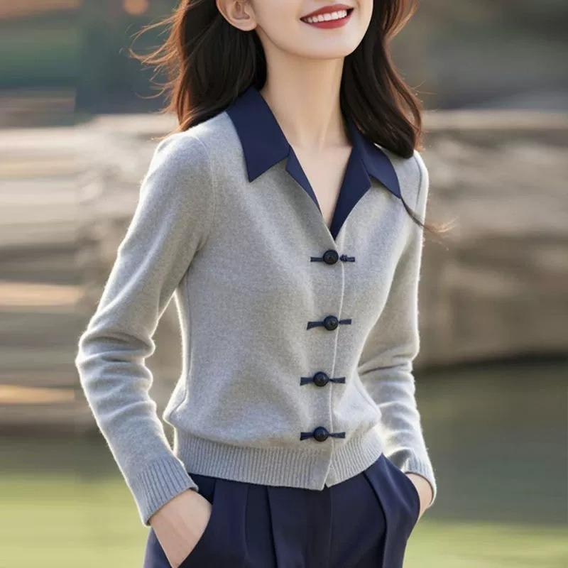 Gray Olo Neck Knitted Sweater Top Autumn and Winter New Women's Small Short Fake Two-piece Cardigan